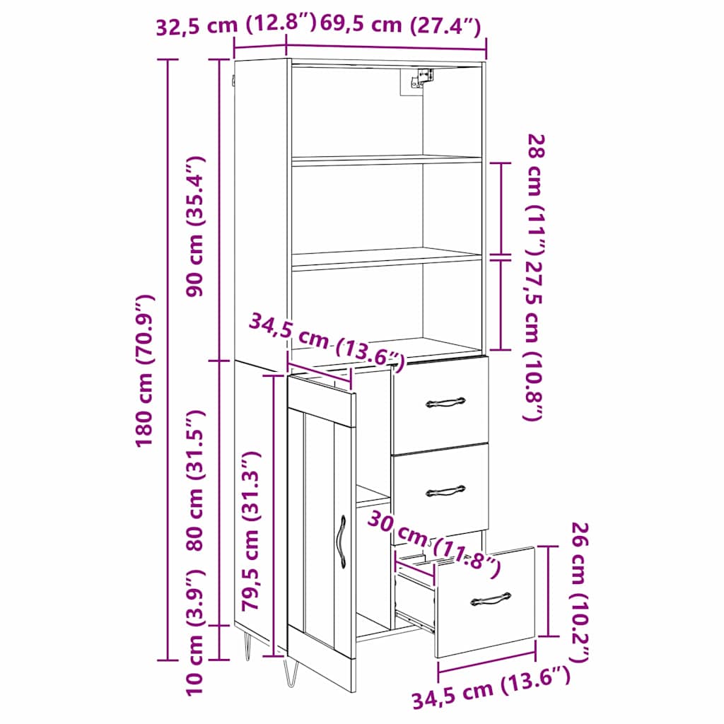 Highboard s ladicama 2 pcs Umjetnički hrast Konstruirano drvo