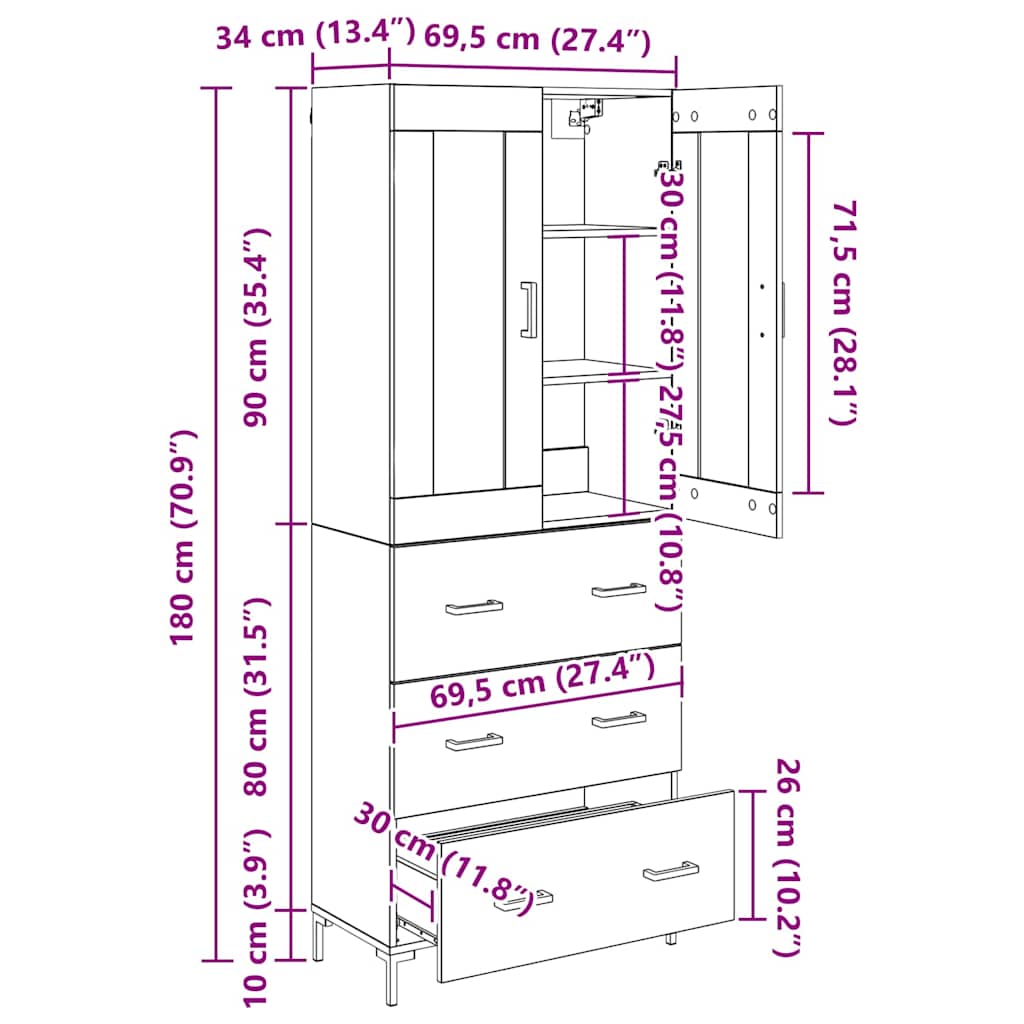 Highboard s ladicama 2 pcs Umjetnički hrast Konstruirano drvo