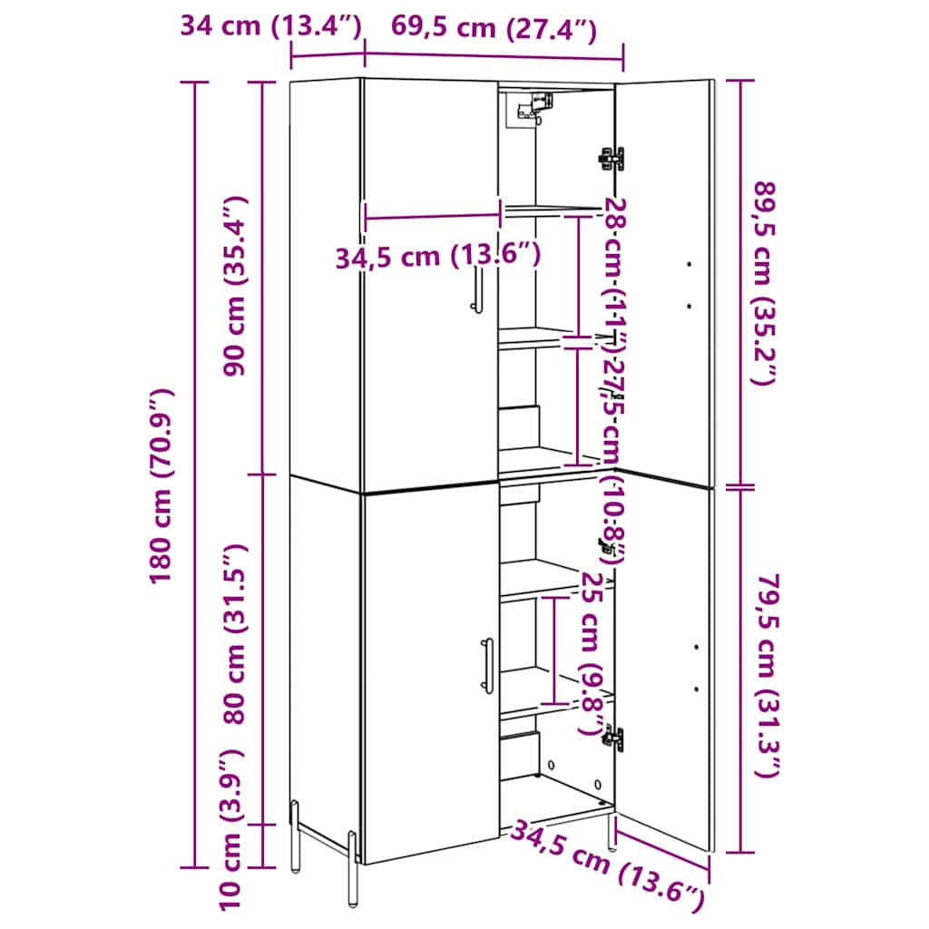 Highboard Umjetnički hrast 69,5 x 34 x 180 cm Konstruirano drvo