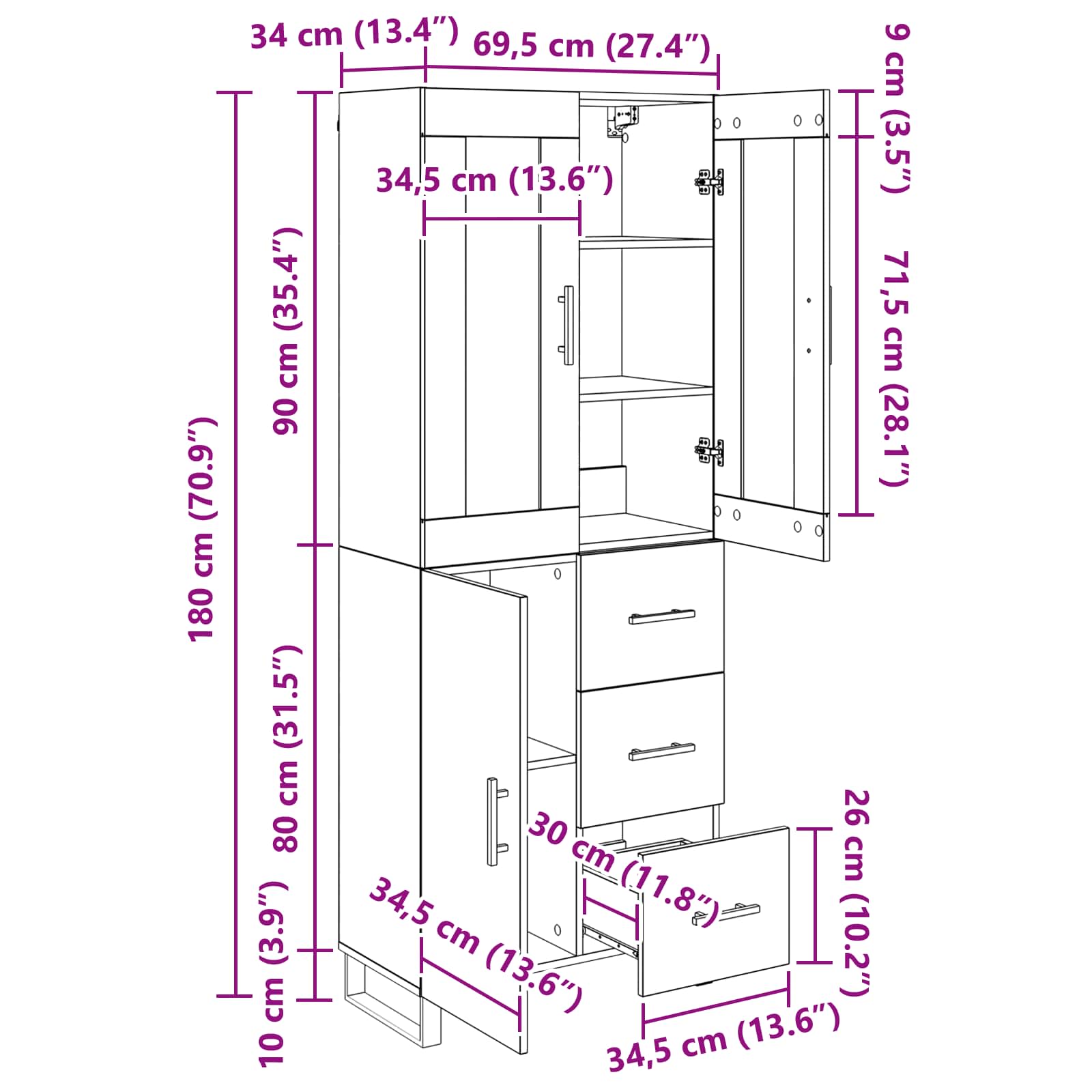 Highboard s ladicama 2 pcs Umjetnički hrast Konstruirano drvo