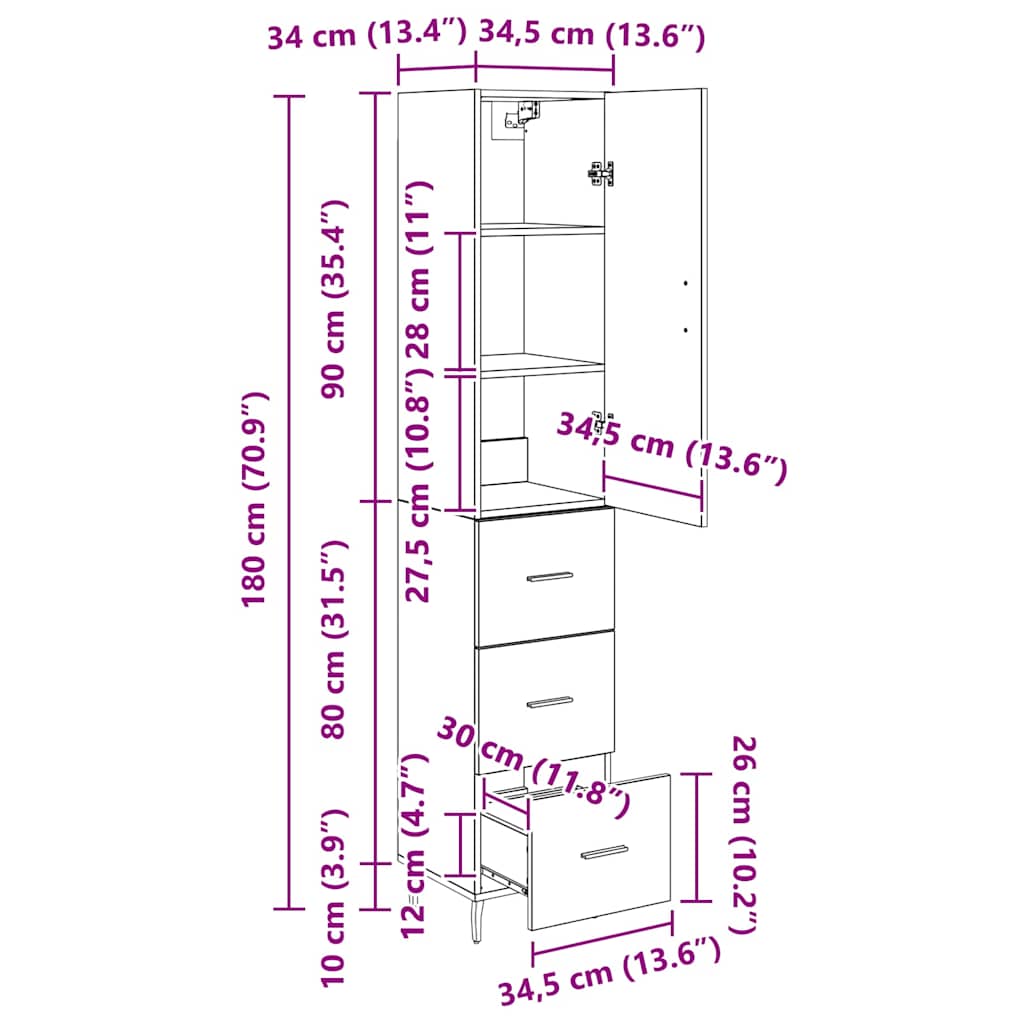 Highboard Umjetnički hrast 34,5 x 34 x 180 cm Konstruirano drvo