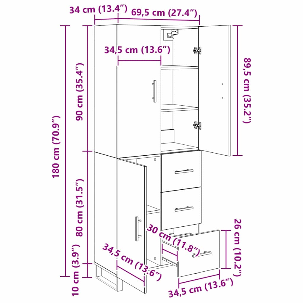 Highboard 2 kom. Umjetnički hrast 69,5 x 34 x 180 cm