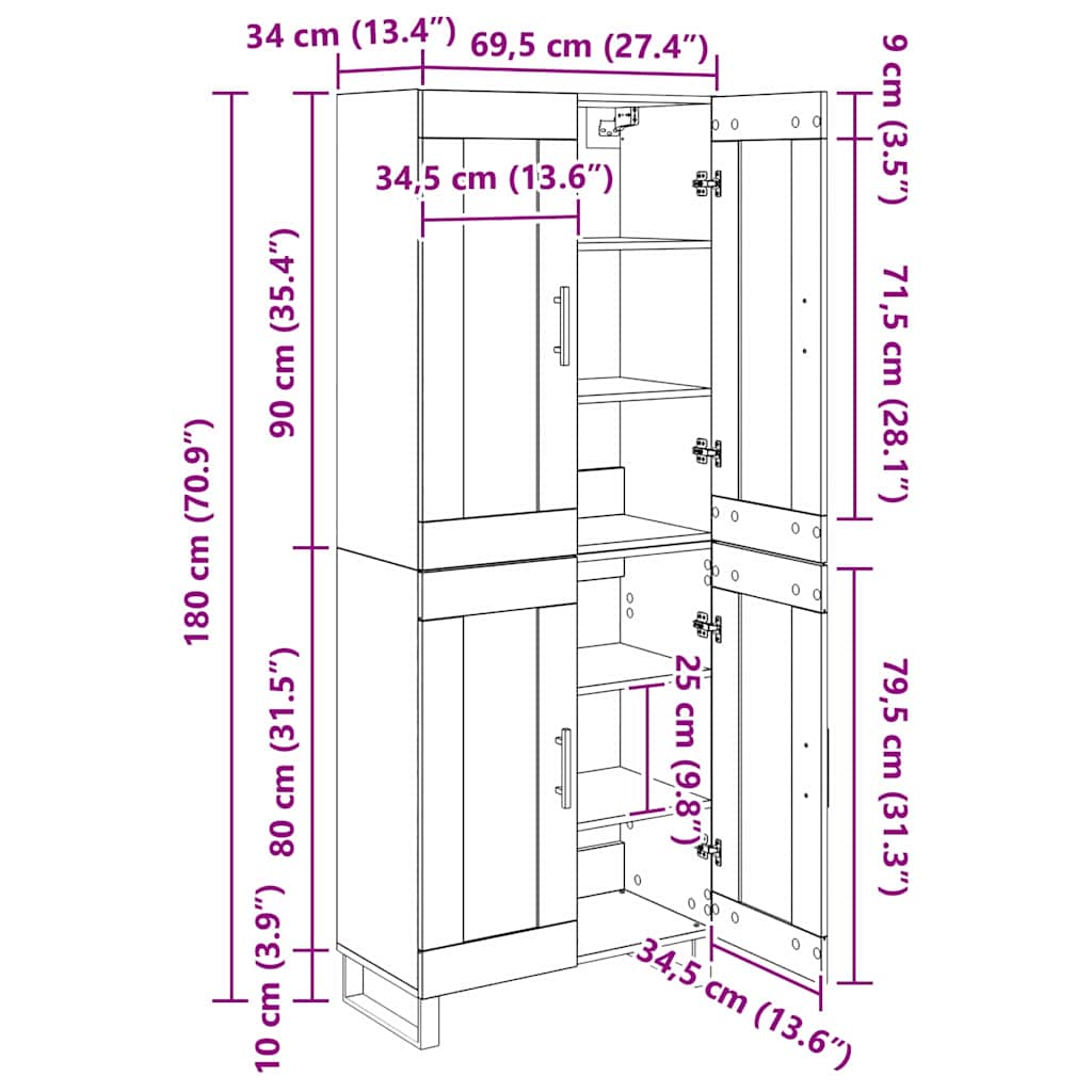 Highboard 2 kom. Umjetnički hrast 69,5 x 34 x 180 cm