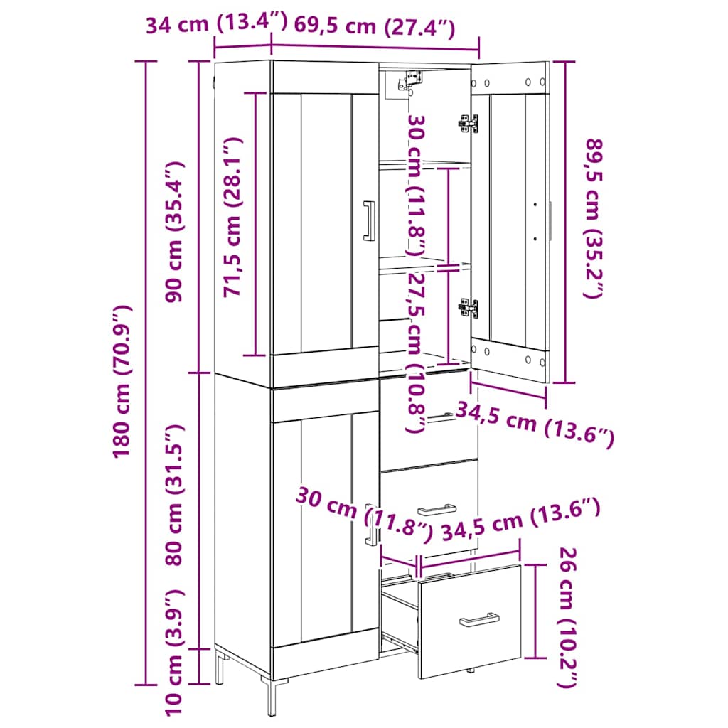 Highboard s ladicama 2 pcs Umjetnički hrast Konstruirano drvo
