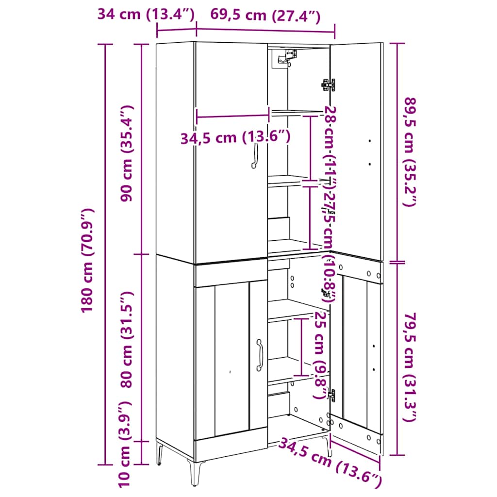 Highboard Umjetnički hrast 69,5 x 34 x 180 cm Konstruirano drvo