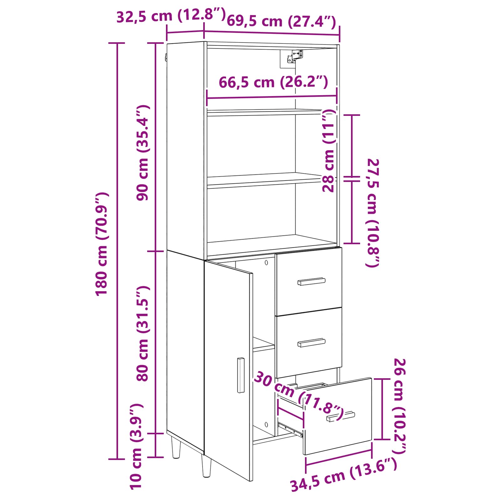 Highboard s ladicama Umjetnički hrast 69,5 x 32,5 x 180 cm