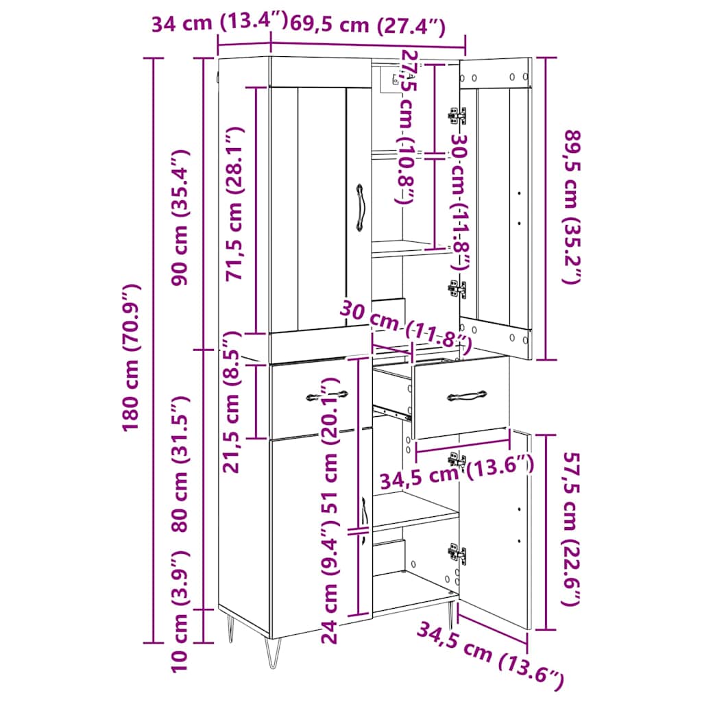 Highboard Umjetnički hrast 69,5 x 34 x 180 cm Konstruirano drvo