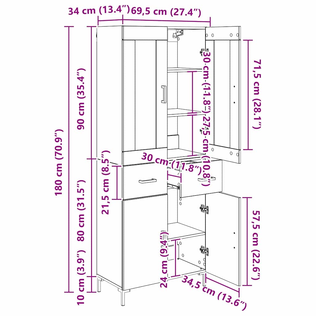 Highboard s ladicama 2 pcs Umjetnički hrast Konstruirano drvo