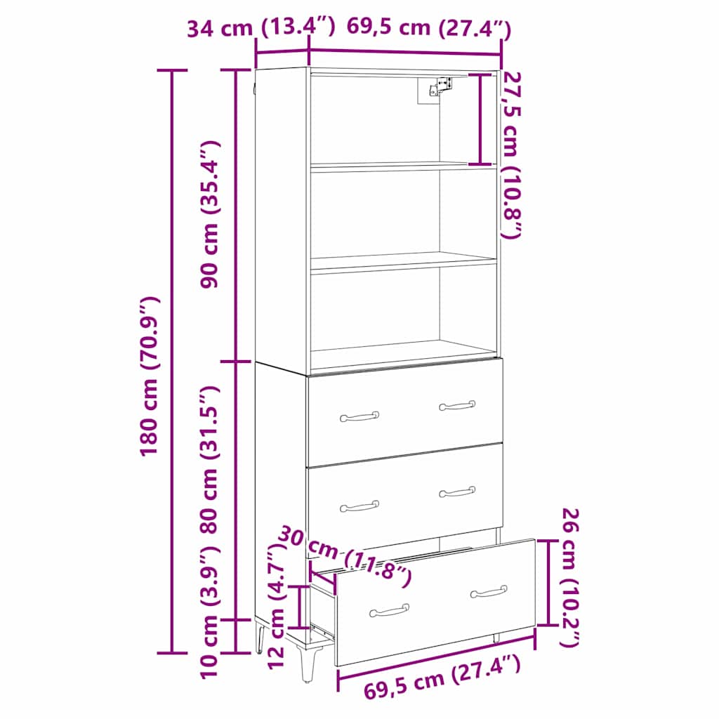 Highboard Umjetnički hrast 69,5 x 34 x 180 cm Konstruirano drvo