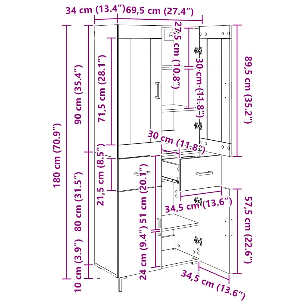 Highboard s ladicama 2 pcs Umjetnički hrast Konstruirano drvo