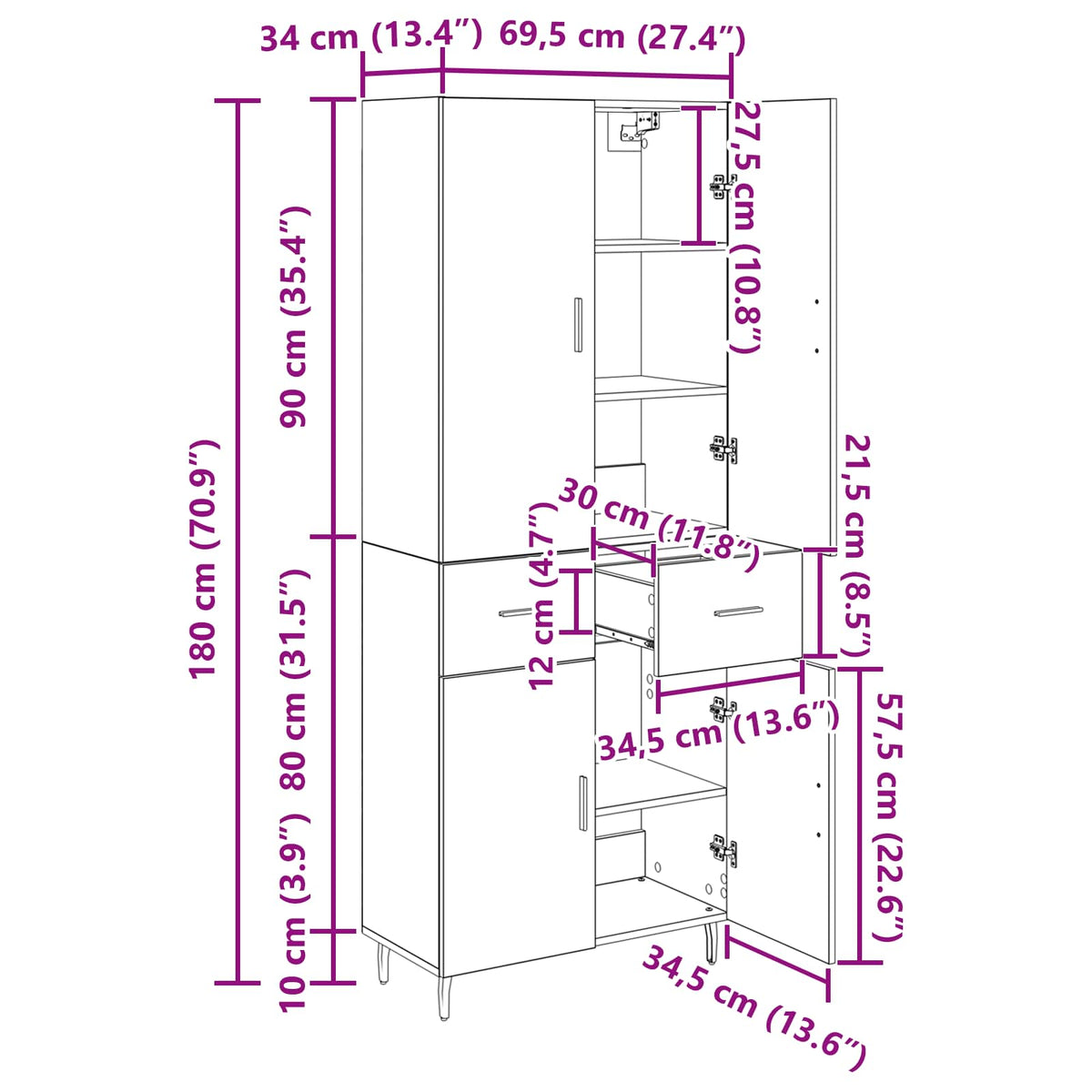 Highboard 2 kom. Umjetnički hrast 69,5 x 34 x 180 cm