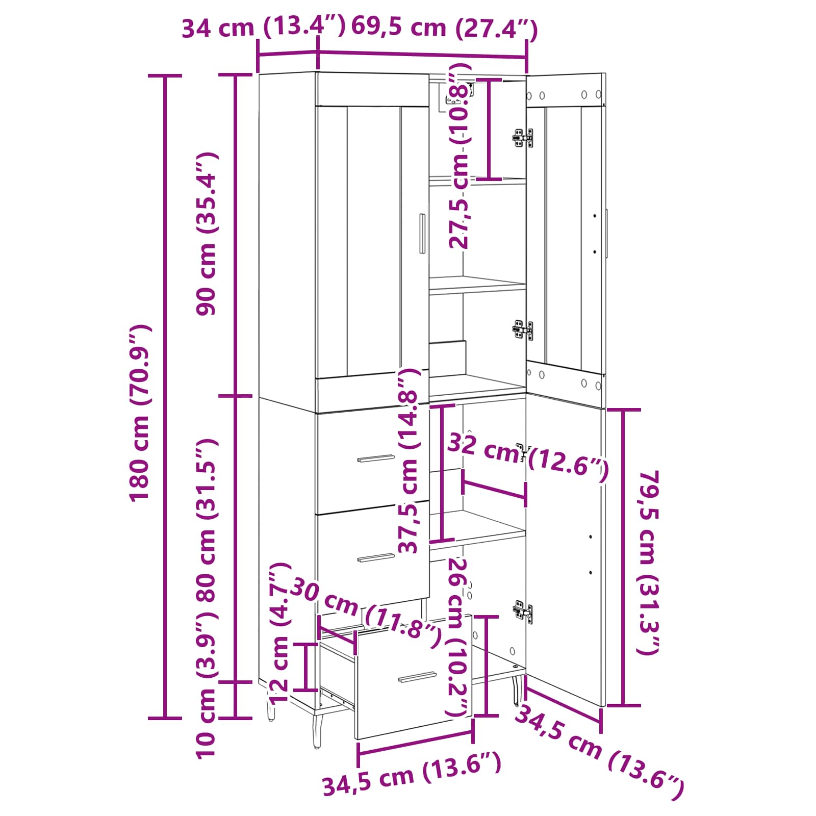 Highboard s ladicama 2 pcs Umjetnički hrast Konstruirano drvo