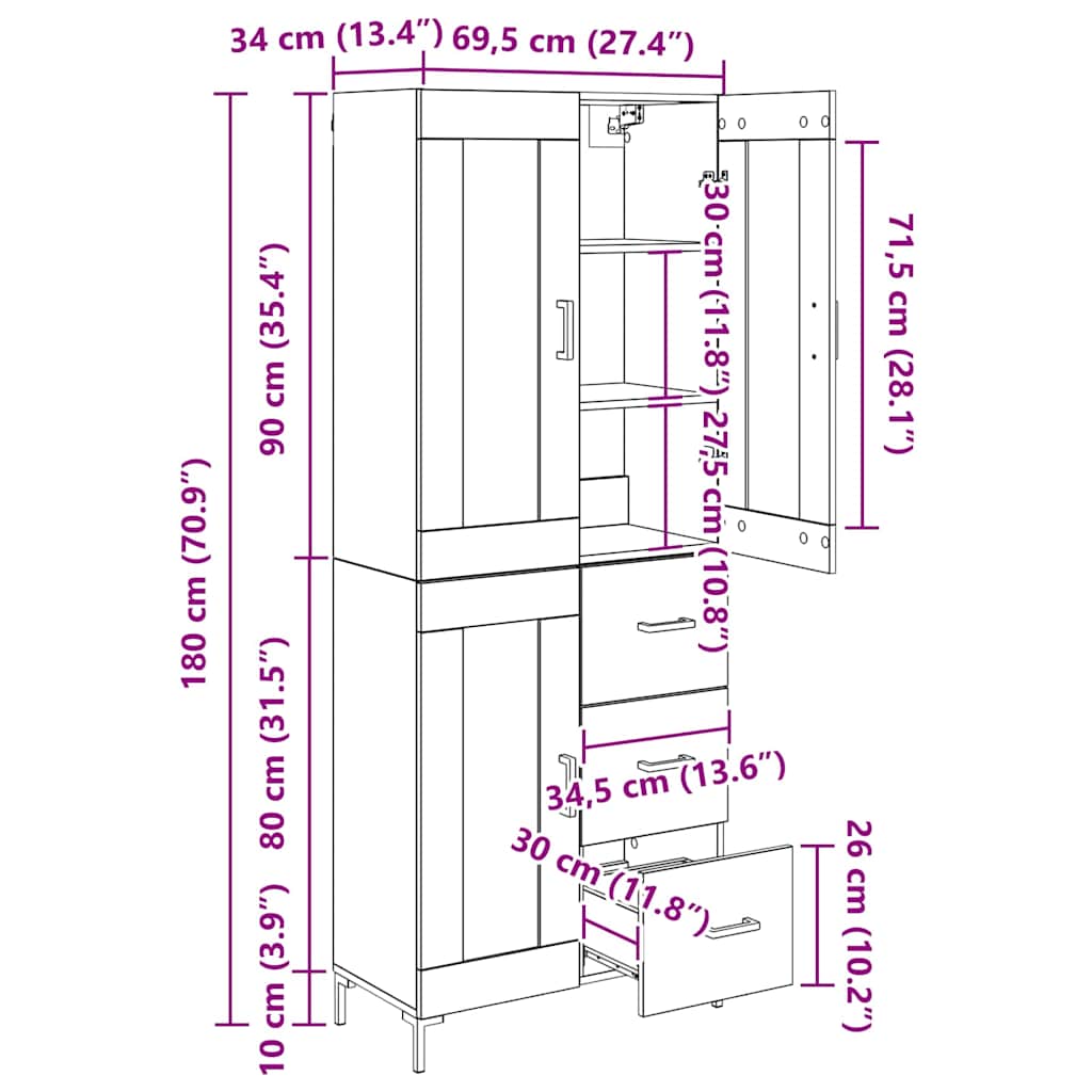 Highboard s ladicama 2 pcs Umjetnički hrast Konstruirano drvo
