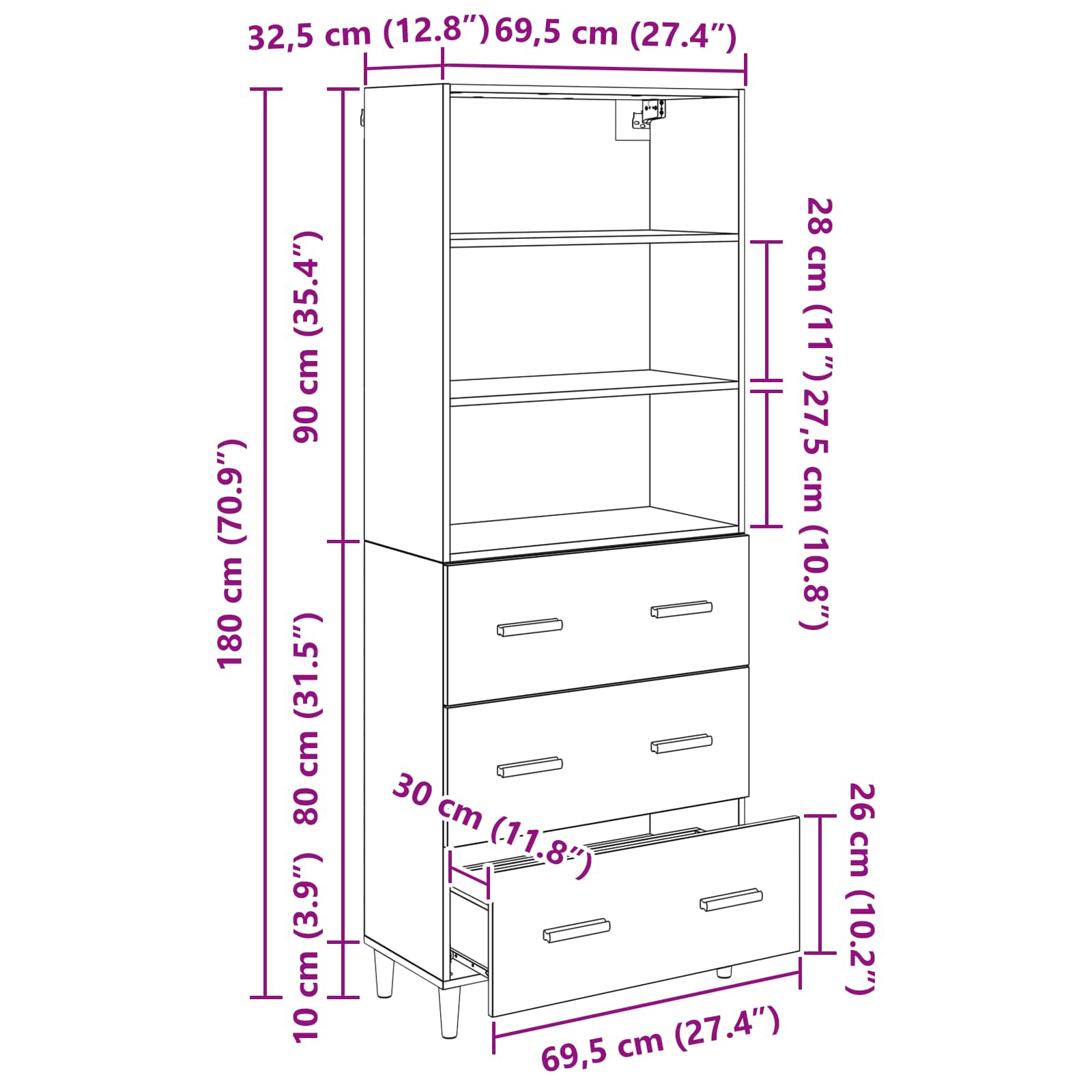 Highboard s ladicama Umjetnički hrast 69,5 x 32,5 x 180 cm