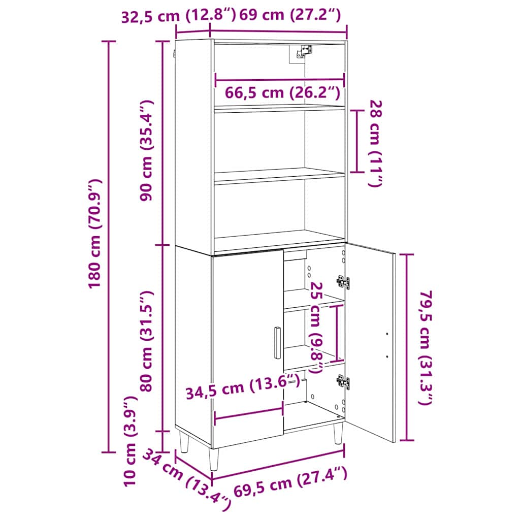 Highboard Crni hrast 69,5 x 32,5 x 180 cm Konstruirano drvo