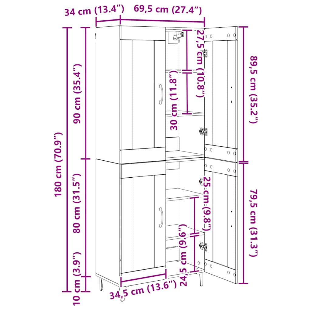 Highboard Zidne Crni hrast 69,5 x 34 x 180 cm Konstruirano drvo