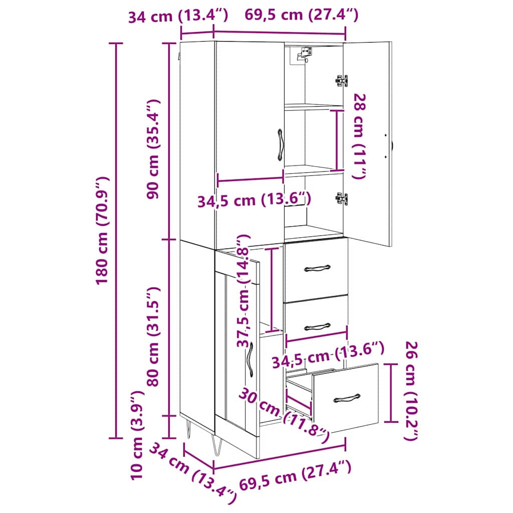 Highboard s ladicama 2 pcs Crni hrast Inženjersko drvo i staklo
