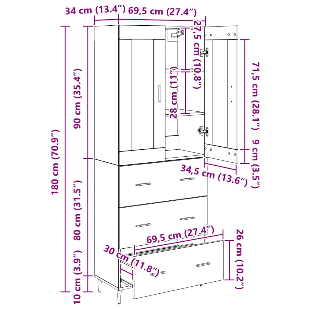 Highboard s ladicama 2 pcs Crni hrast Konstruirano drvo