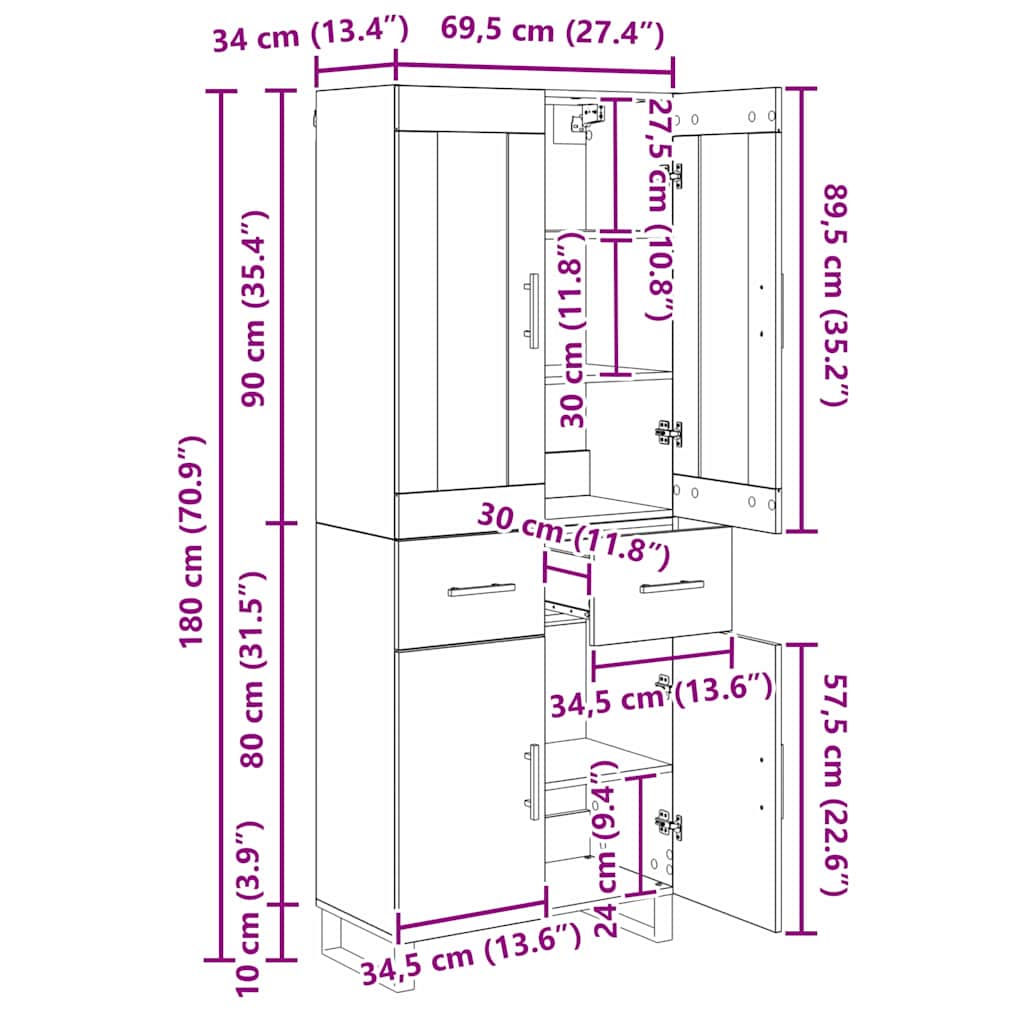 Highboard s ladicama 2 pcs Crni hrast Inženjerska drva i staklo