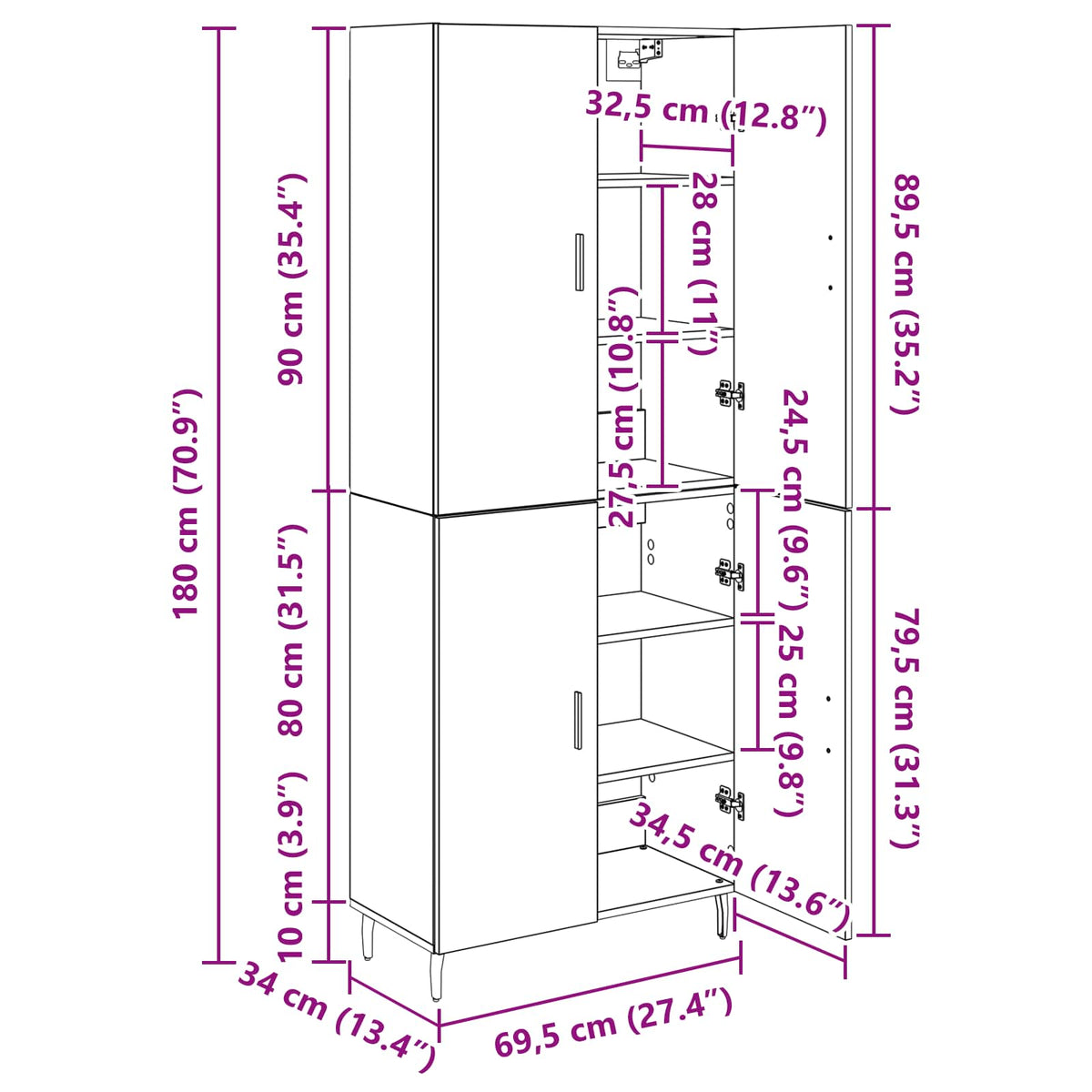 Highboard 2 kom. Crni hrast 69,5 x 34 x 180 cm