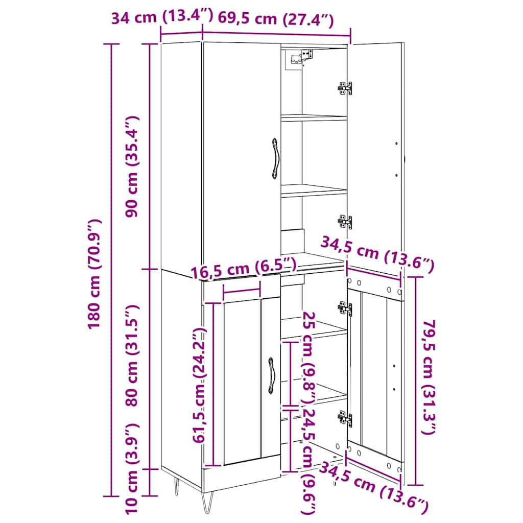Highboard 2 kom. Crni hrast 69,5 x 34 x 180 cm