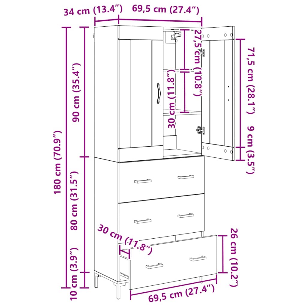 Highboard 2 kom. Crni hrast 69,5 x 34 x 180 cm