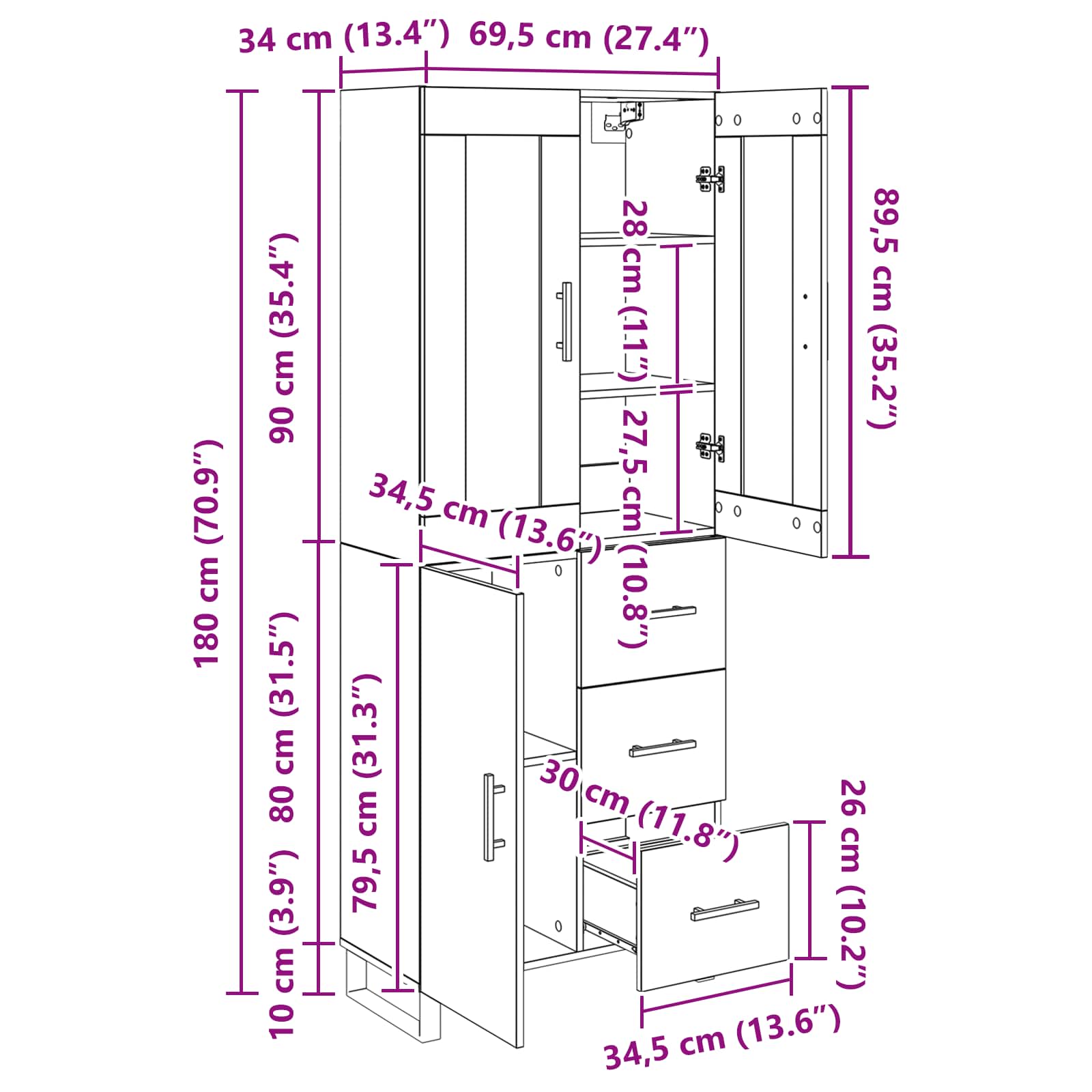 Highboard s ladicama 2 pcs Crni hrast Inženjerska drva i staklo