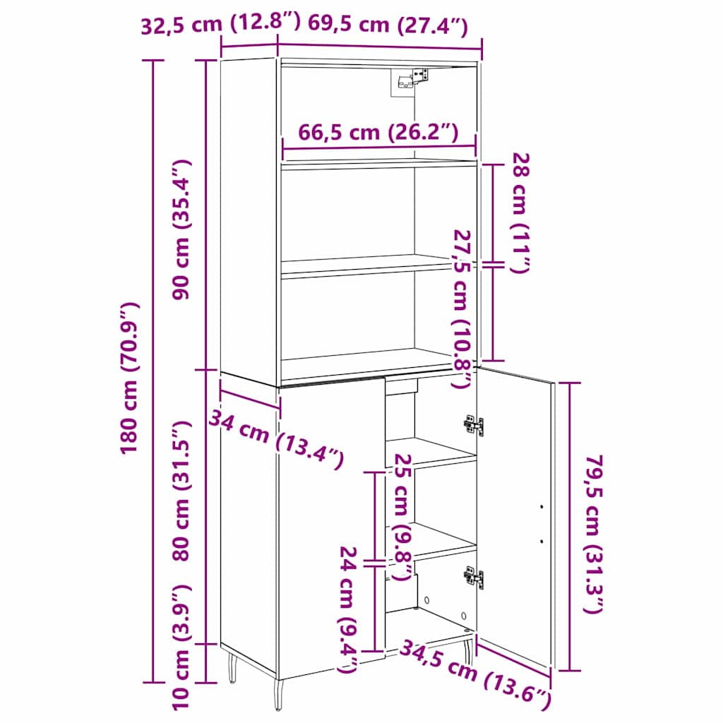 Highboard Crni hrast 69,5 x 34 x 180 cm