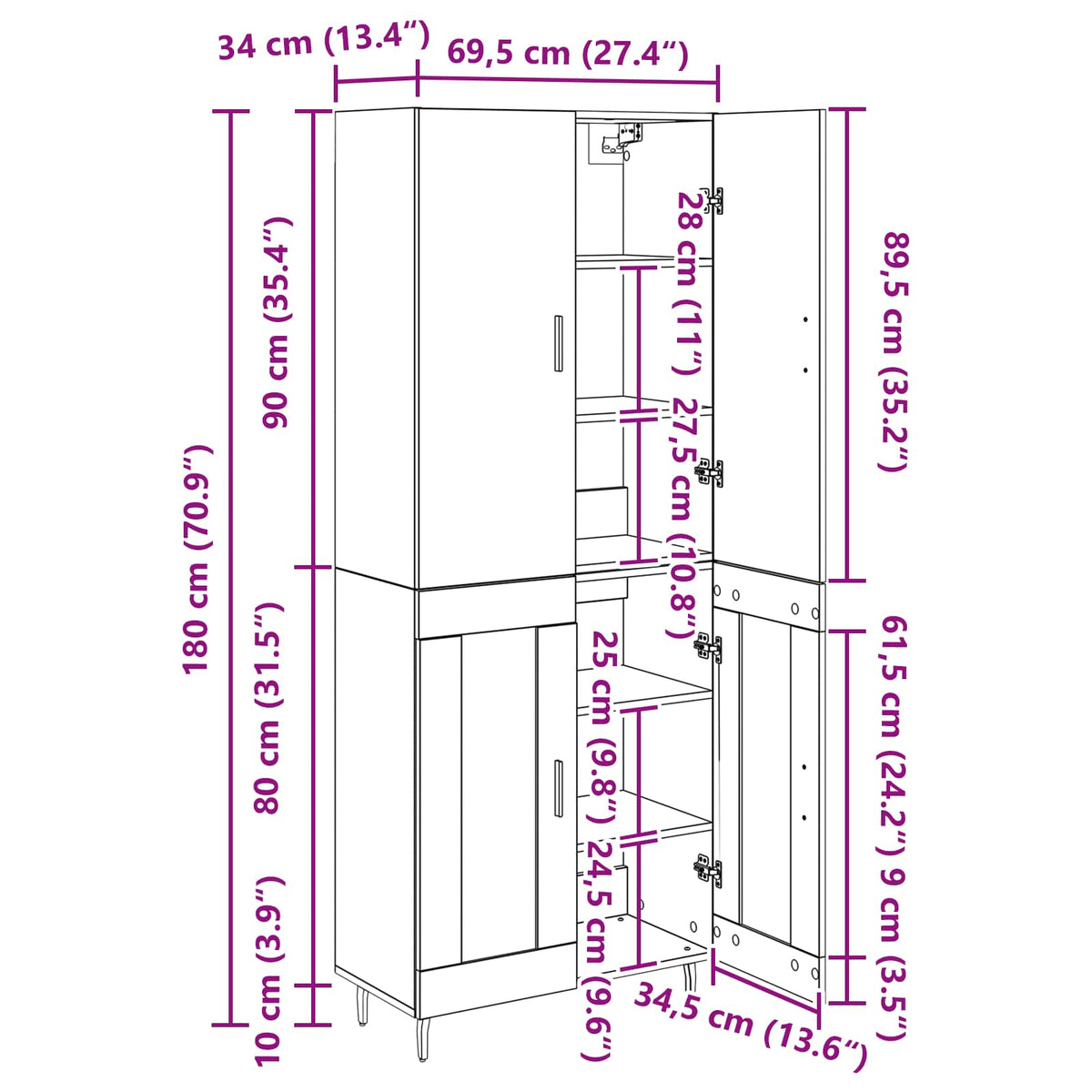 Highboard 2 kom. Crni hrast 69,5 x 34 x 180 cm