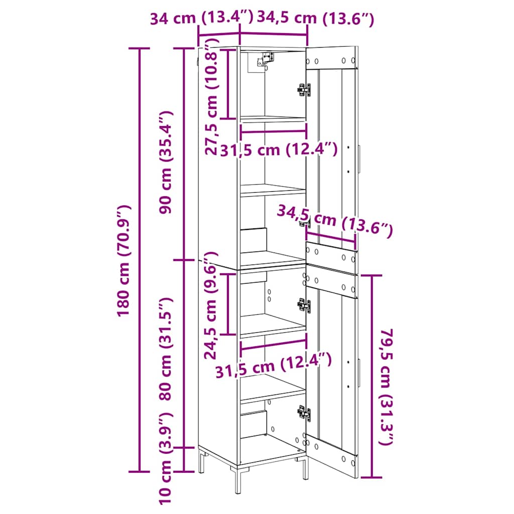 Highboard Crni hrast 34,5 x 34 x 180 cm Konstruirano drvo