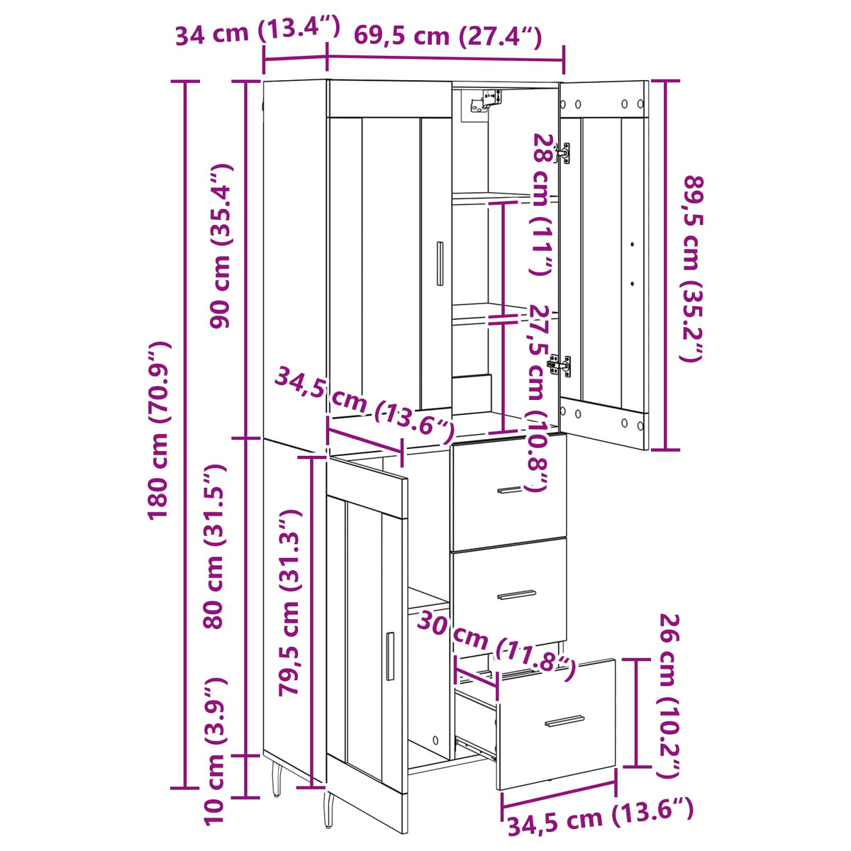 Highboard 2 kom. Crni hrast 69,5 x 34 x 180 cm