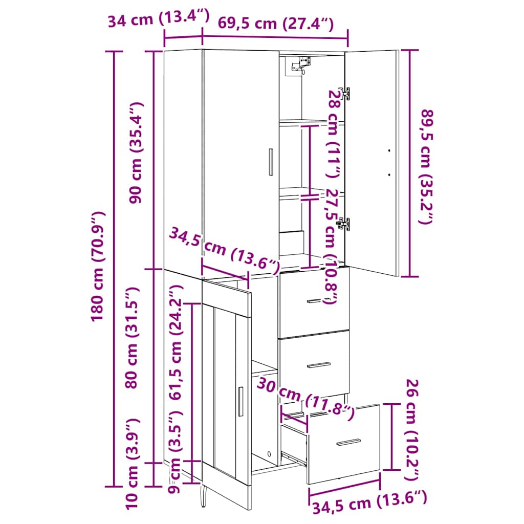 Highboard s ladicama 2 pcs Crni hrast Inženjerska drva i staklo