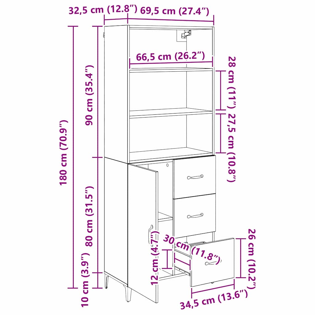 Highboard Crni hrast 69,5 x 34 x 180 cm Konstruirano drvo