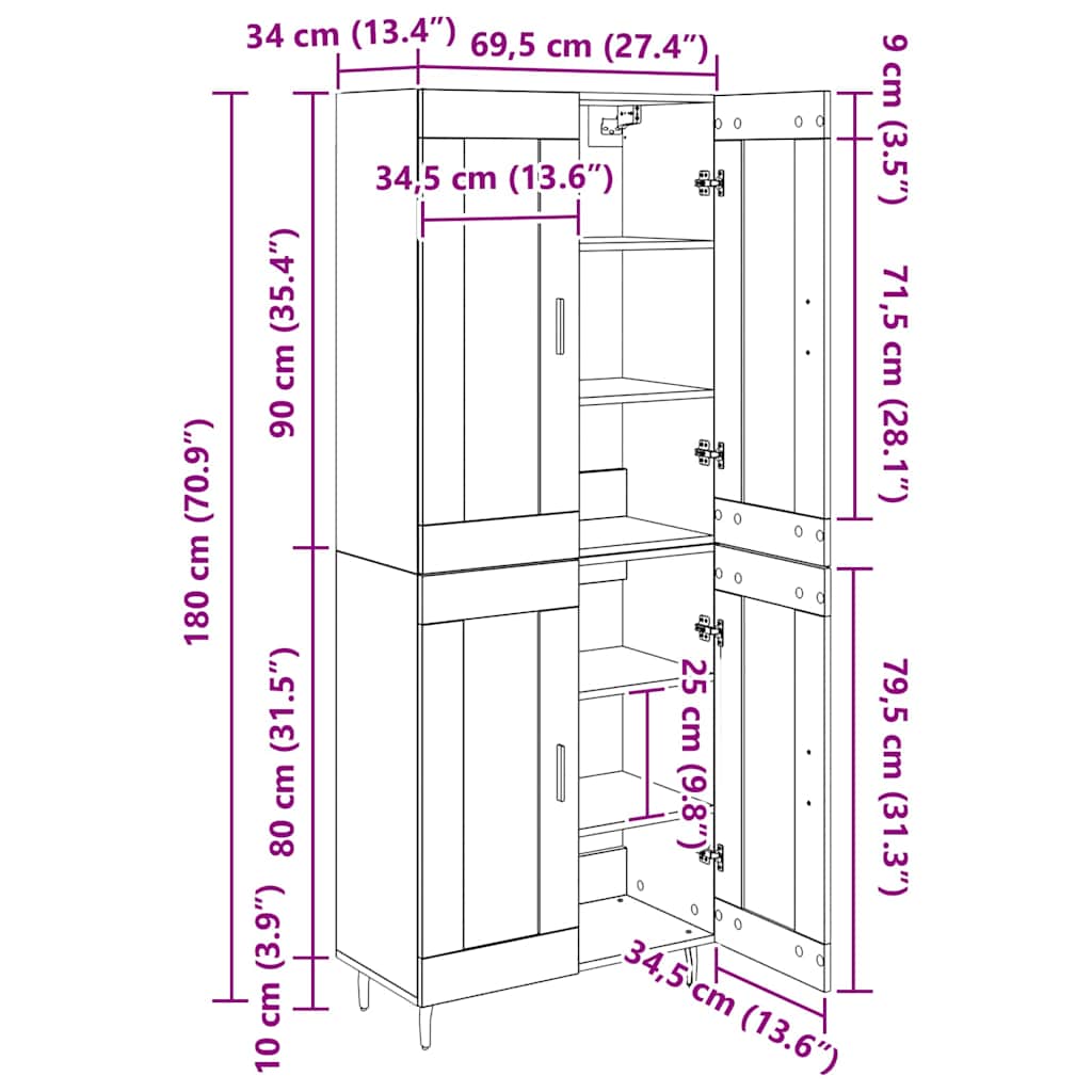 Highboard 2 kom. Crni hrast 69,5 x 34 x 180 cm