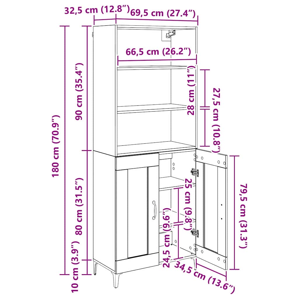 Highboard Crni hrast 69,5 x 34 x 180 cm Konstruirano drvo