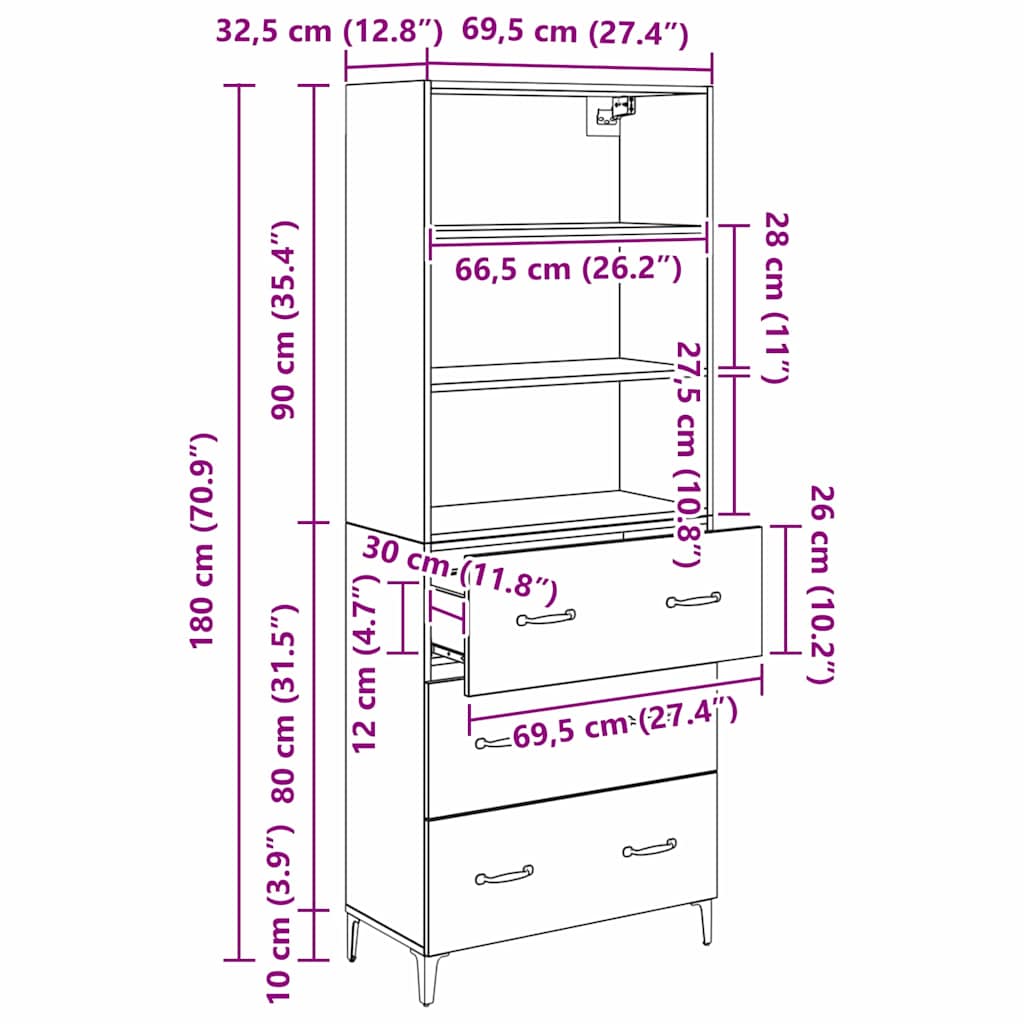 Highboard Crni hrast 69,5 x 34 x 180 cm Konstruirano drvo