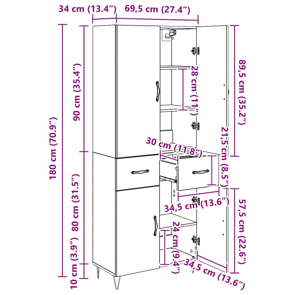 Highboard s ladicama 2 pcs Crni hrast Inženjersko drvo i staklo
