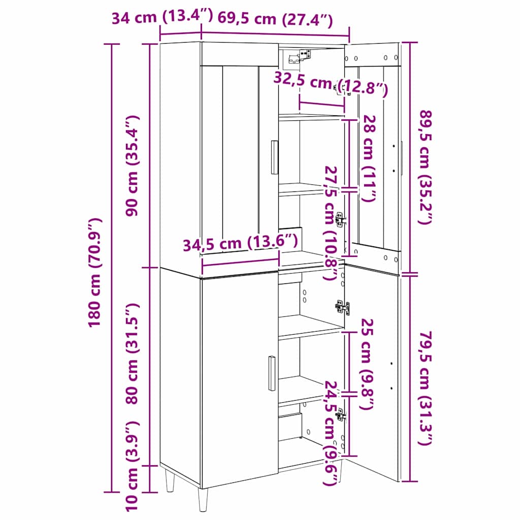 Highboard Crni hrast 69,5 x 34 x 180 cm