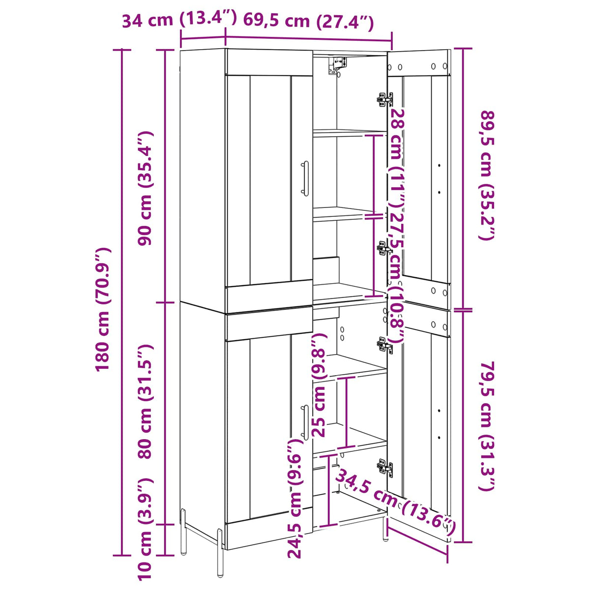 Highboard Crni hrast 69,5 x 34 x 180 cm Konstruirano drvo