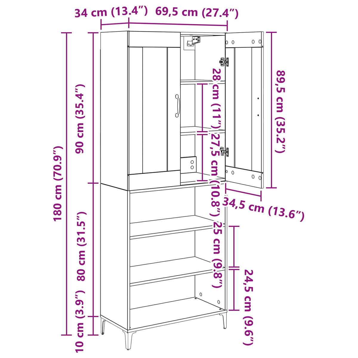 Highboard Crni hrast 69,5 x 34 x 180 cm Konstruirano drvo