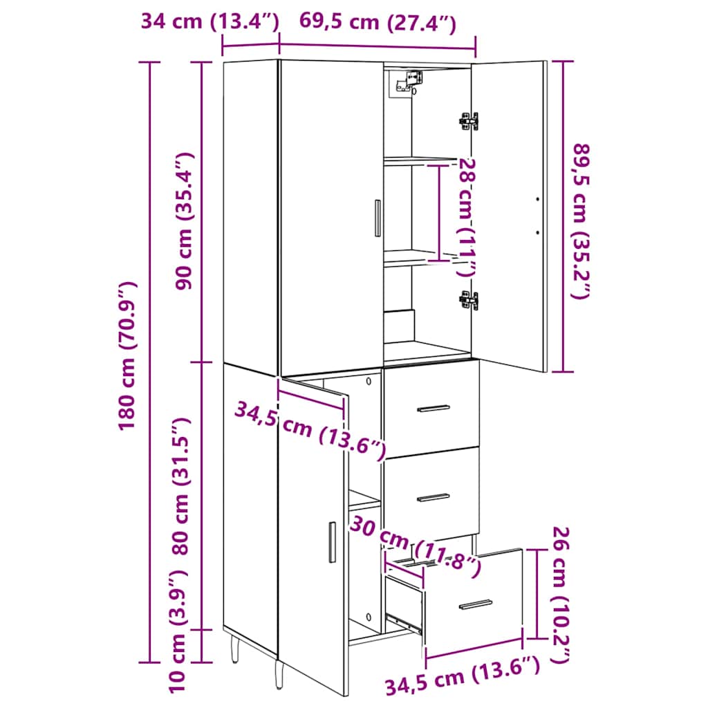 Highboard s ladicama 2 pcs Crni hrast Inženjerska drva i staklo