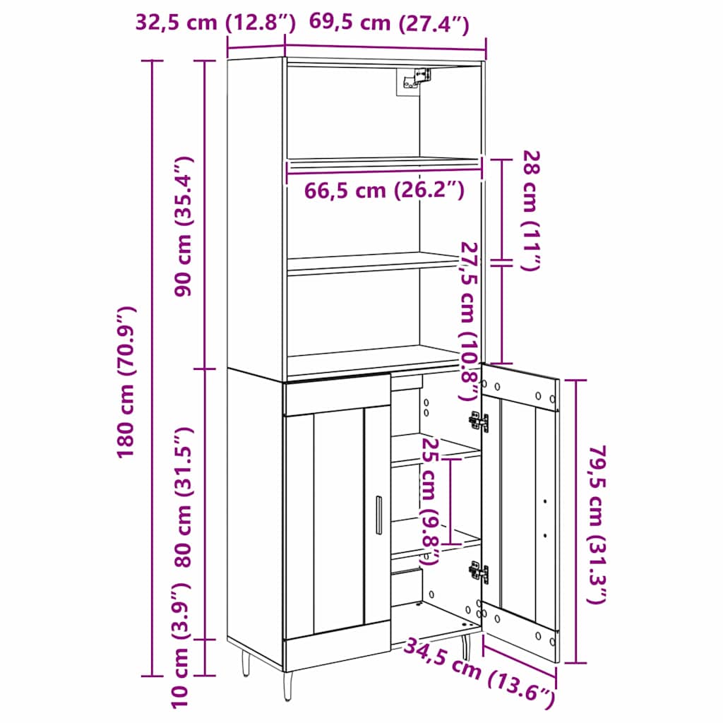 Highboard Crni hrast 69,5 x 34 x 180 cm