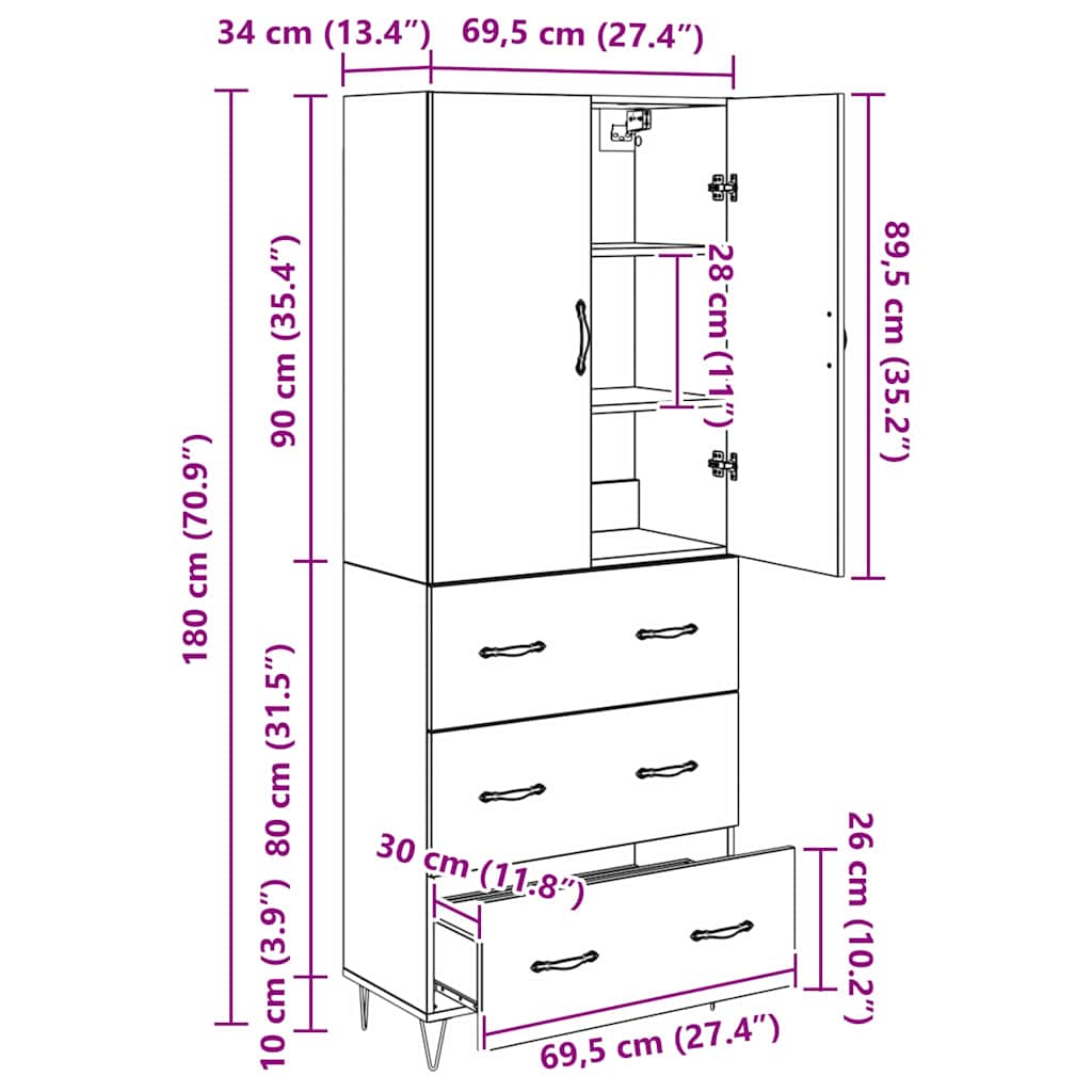 Highboard 2 kom. Crni hrast 69,5 x 34 x 180 cm