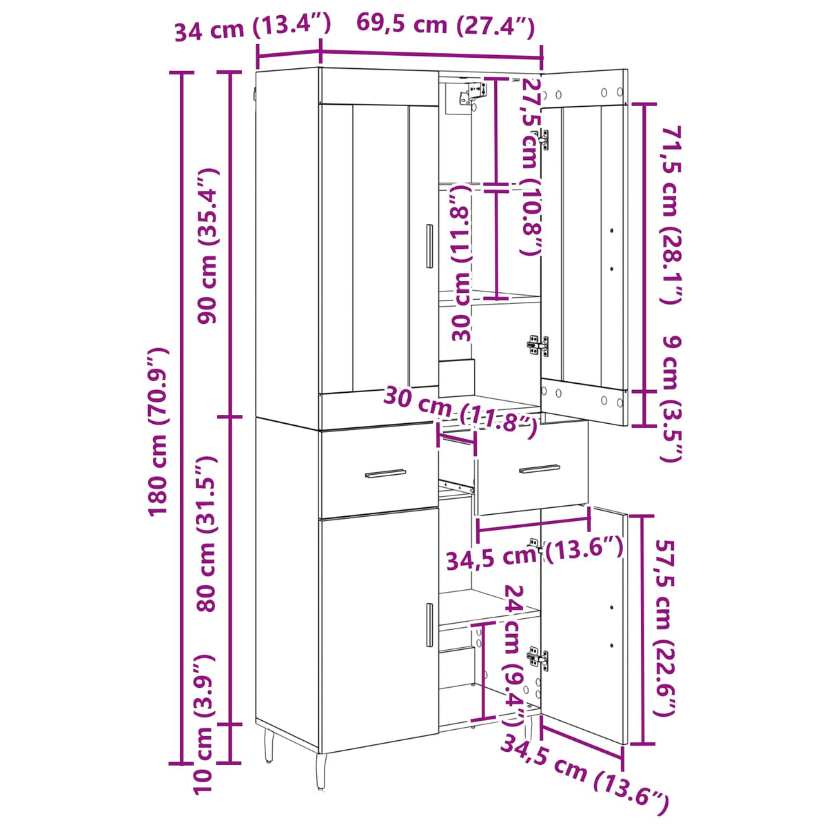 Highboard 2 kom. Crni hrast 69,5 x 34 x 180 cm