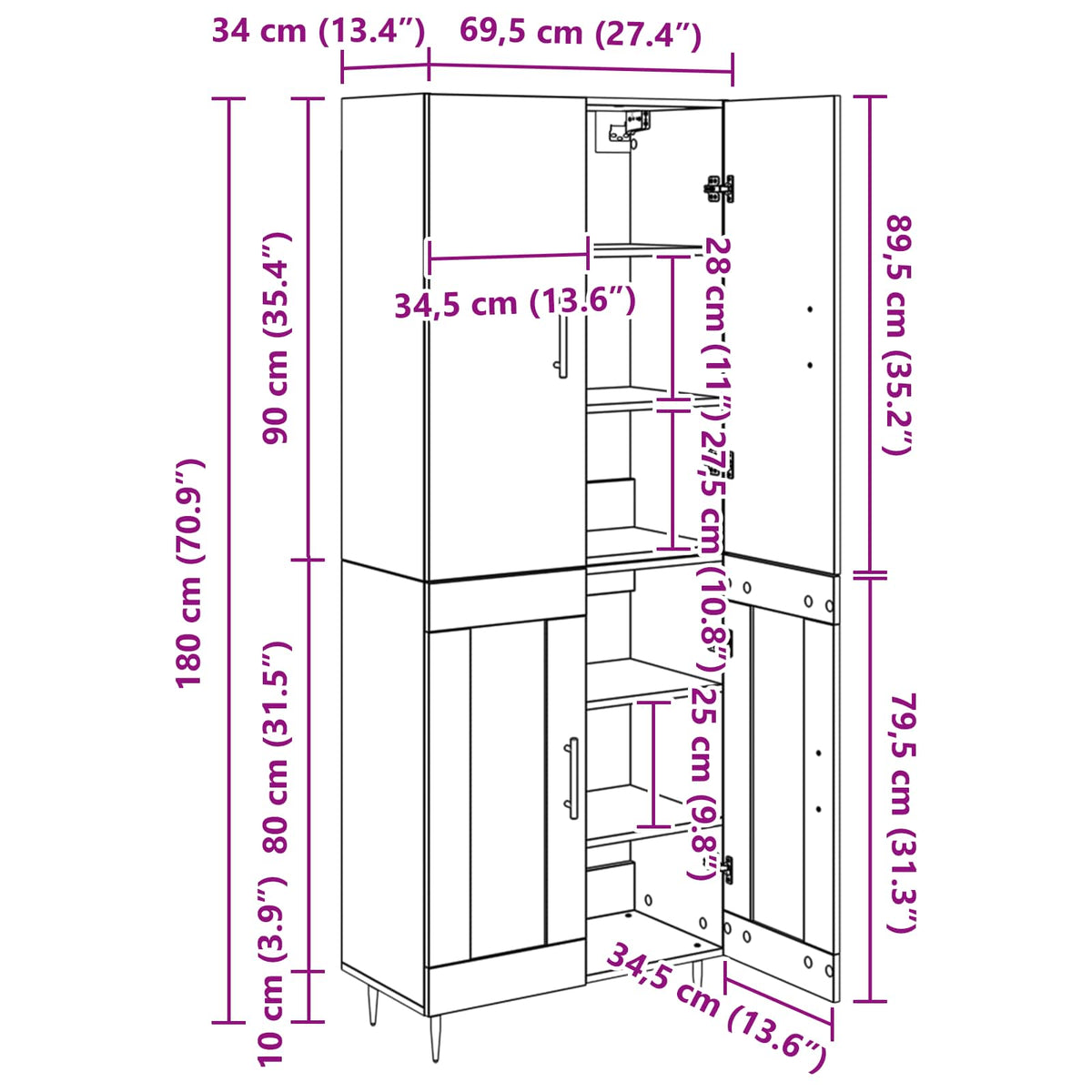 Highboard Crni hrast 69,5 x 34 x 180 cm Konstruirano drvo
