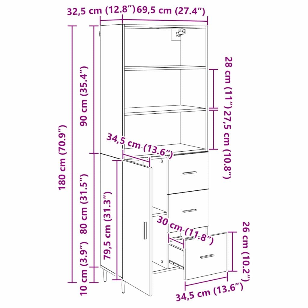Highboard 2 kom. Crni hrast 69,5 x 34 x 180 cm
