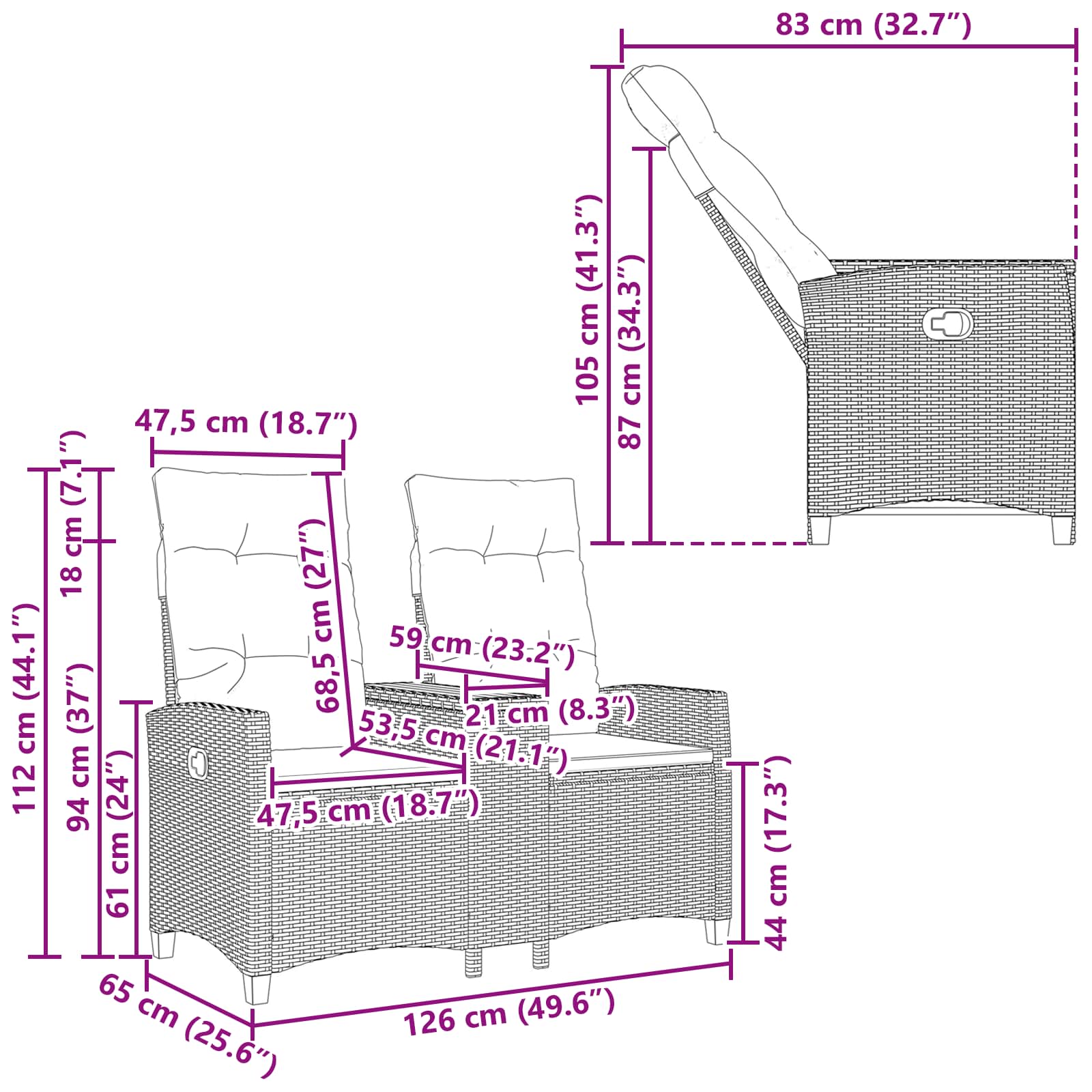 Rekreativna klupa s stolom Crna 126 x 65 x 112 cm poliratan