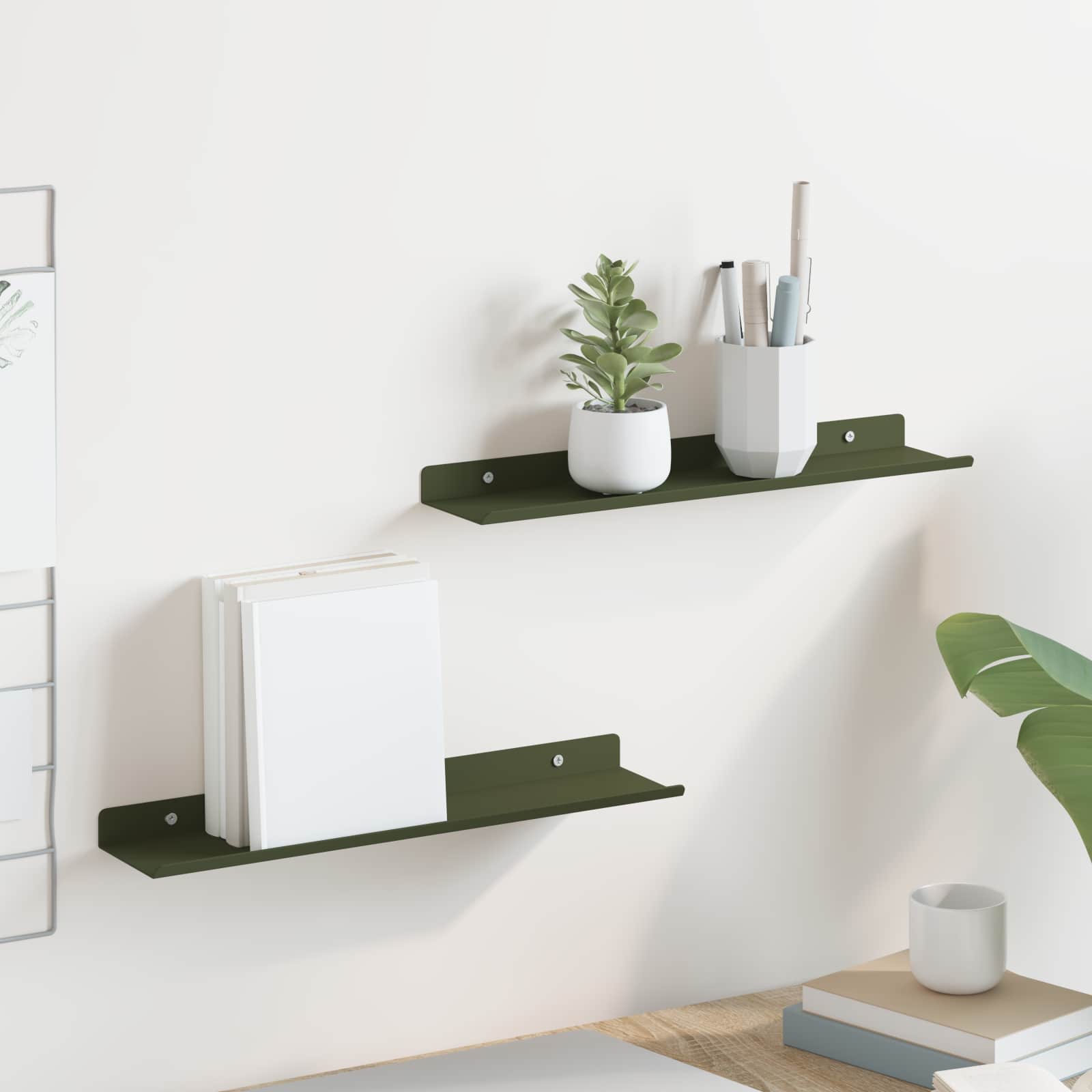 Lebdeća polica 2 pcs Maslinasto zelena 40 x 8,5 x 2,5 cm Čelik
