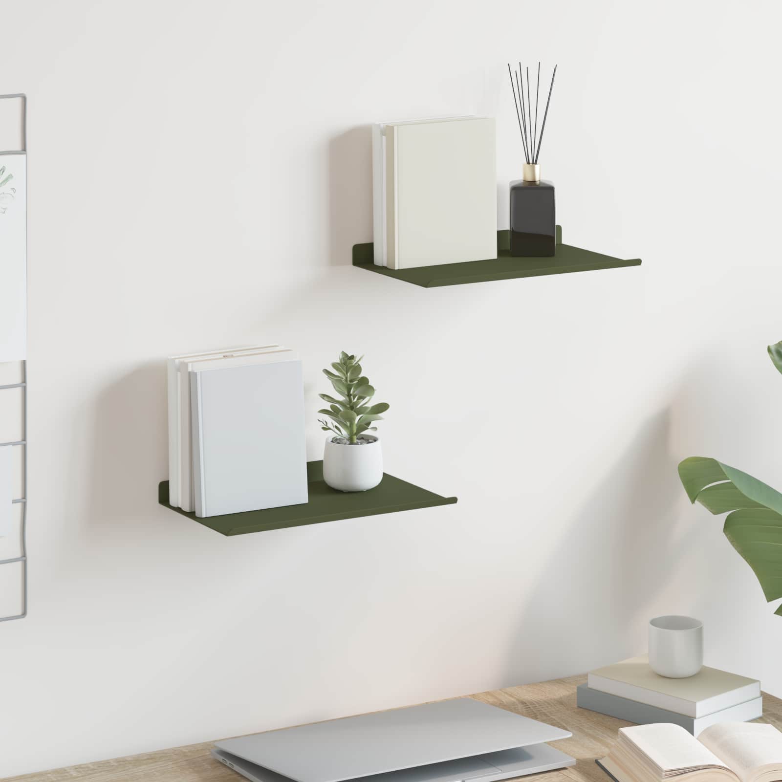 Lebdeća polica 2 pcs Maslinasto zelena 30 x 18 x 2,5 cm Čelik