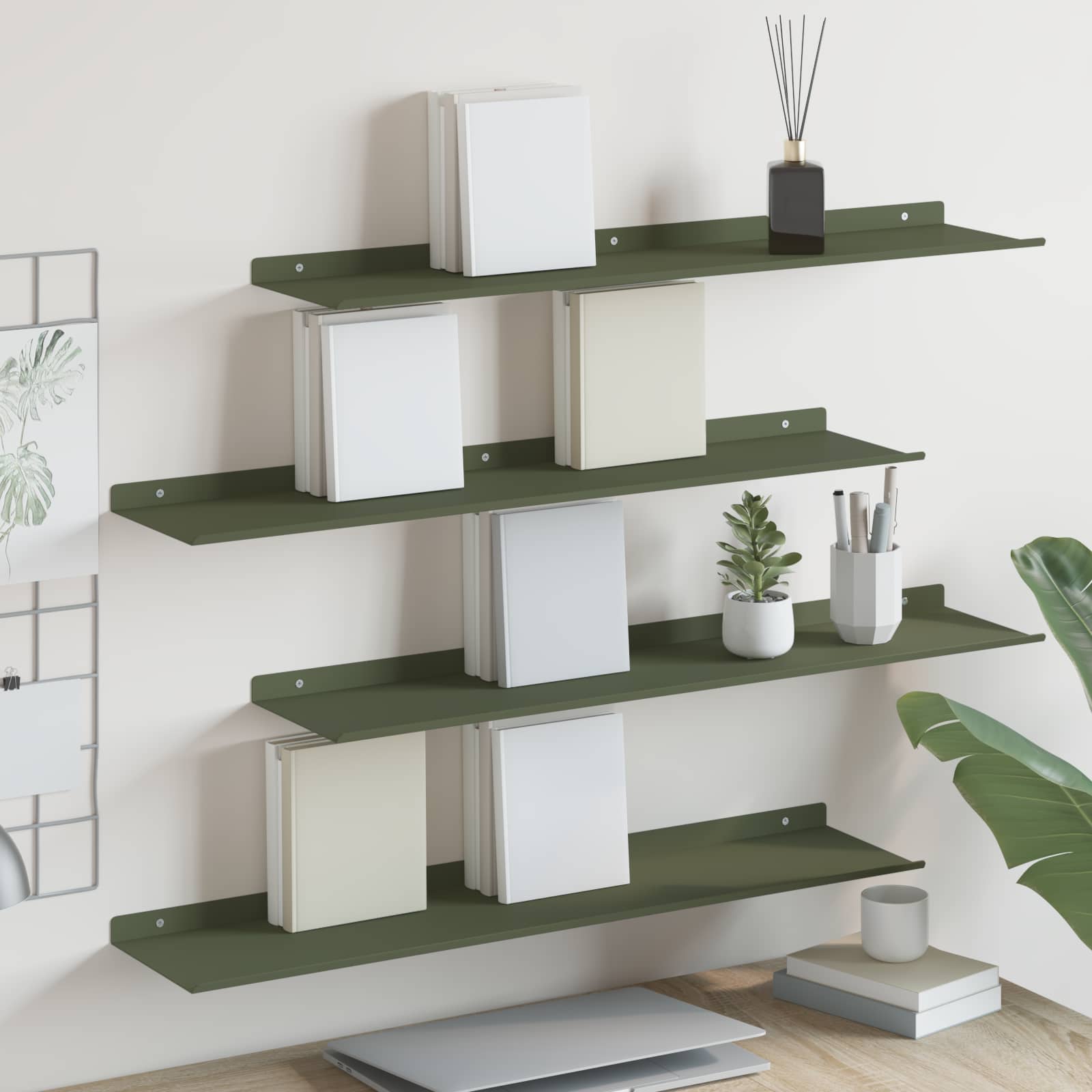 Lebdeća polica 4 pcs Maslinasto zelena 80 x 18 x 2,5 cm Čelik